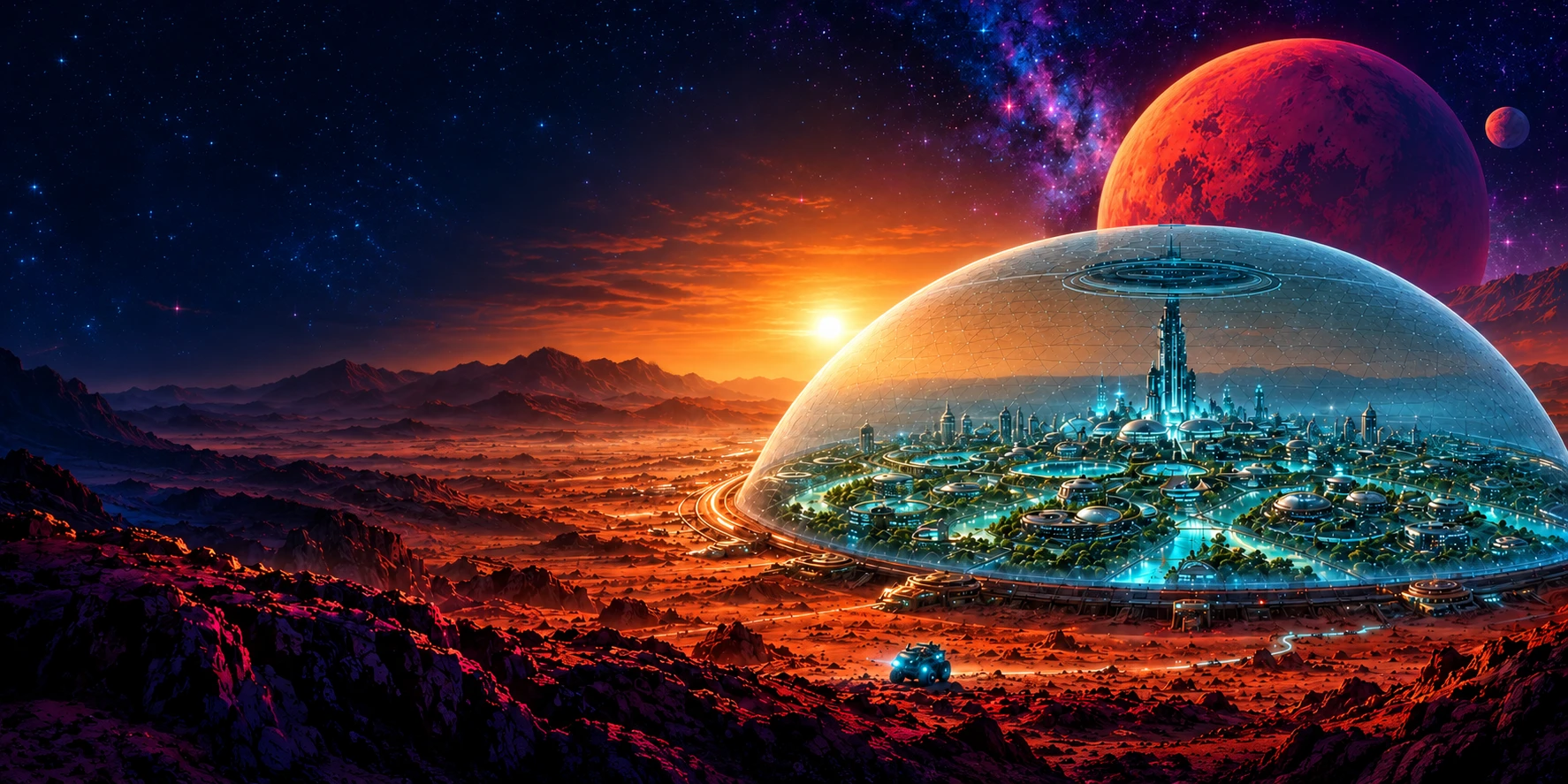 火星穹顶与城市的像素风概念插画；仅用于说明世界观内容方向。