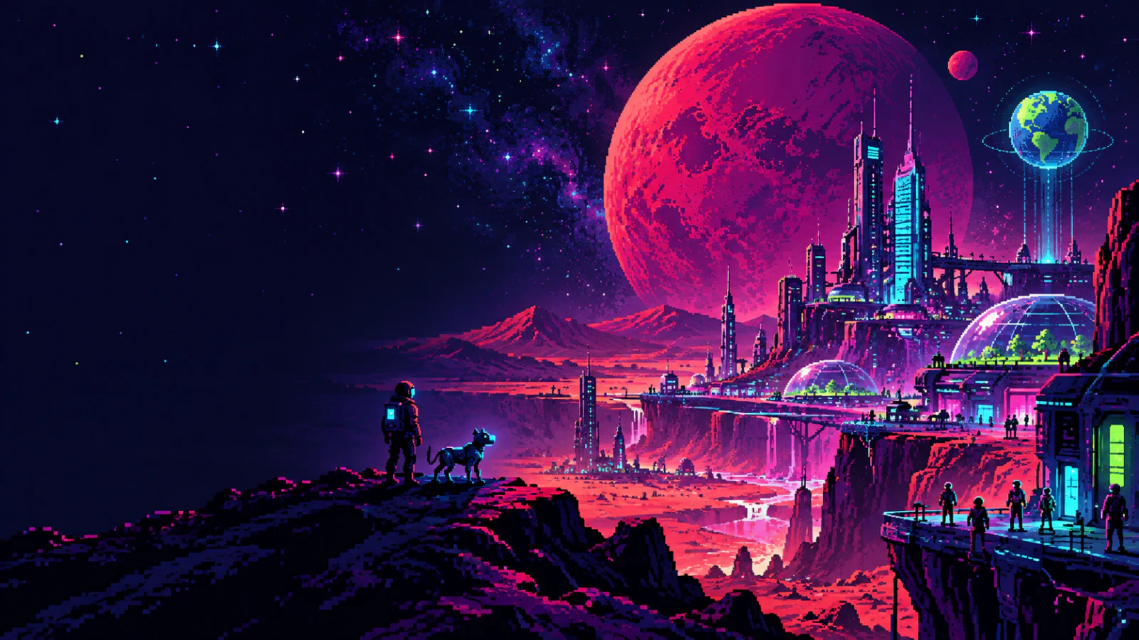 Pixel-art panorama of the MARS3077 civilization on Mars